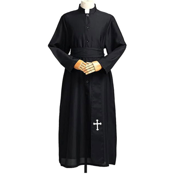 Black Catholic cassock robe with white clerical collar insert, front buttons, black waist sash, and white cross embroidery at lower hem