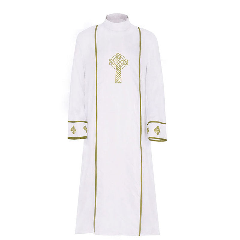 Style C white liturgical alb robe with gold Celtic cross chest embroidery and vertical gold trim stripes, white background