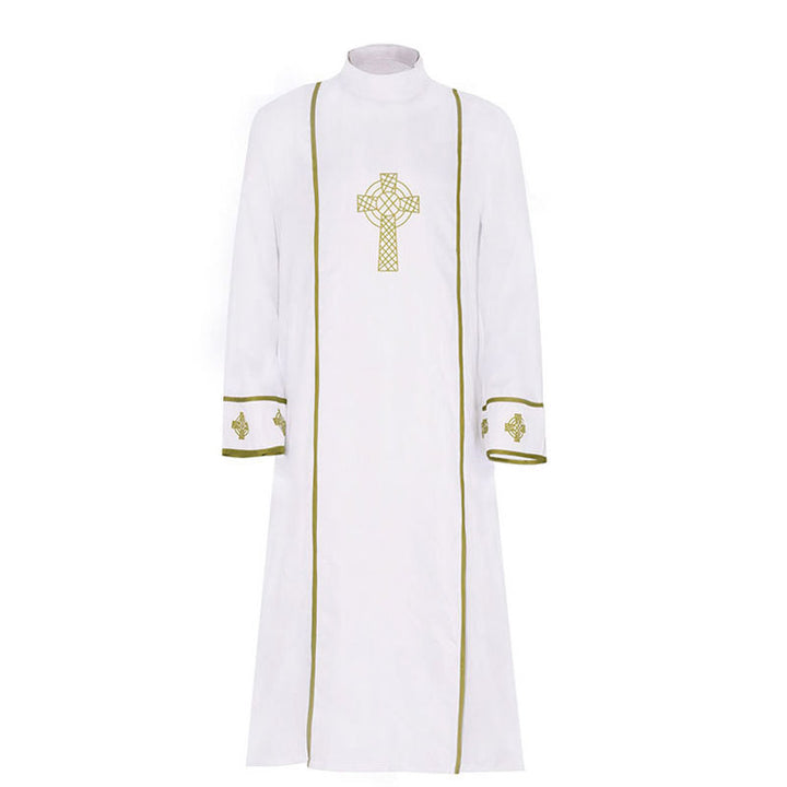 Style C white liturgical alb robe with gold Celtic cross chest embroidery and vertical gold trim stripes, white background