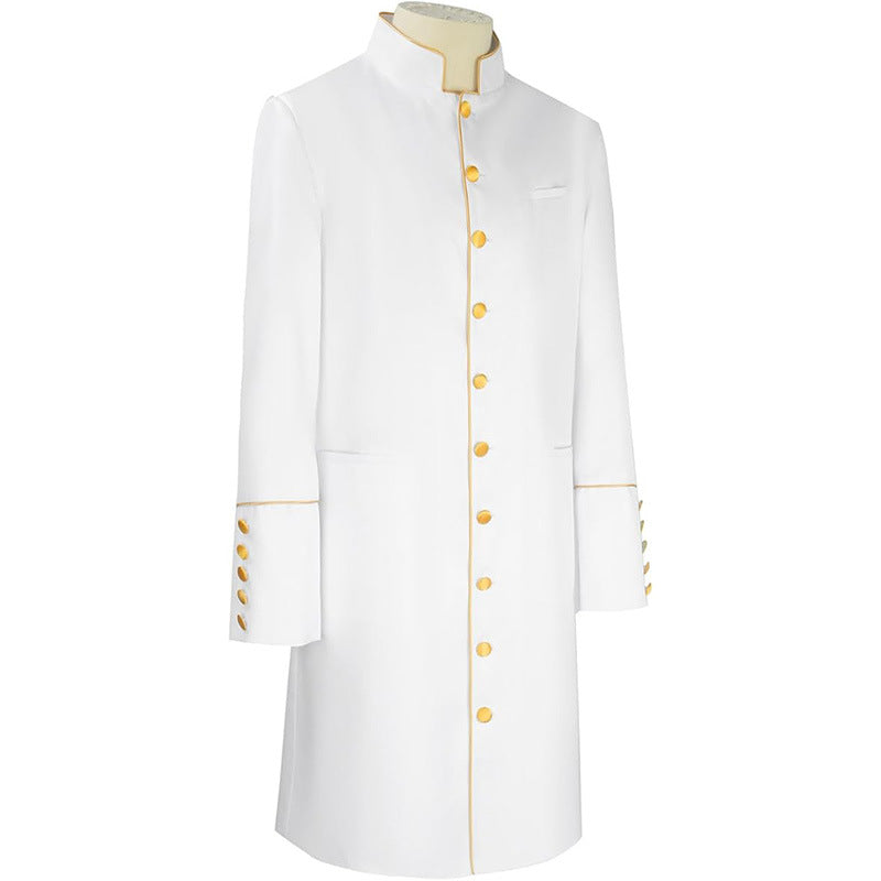 White clergy frock coat with stand collar clergy tab, gold piping trim and gold cuff buttons, product view, white background