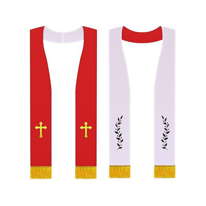 Black White Reversible Clergy Stole with Gold Cross Embroidery and Gold Fringe