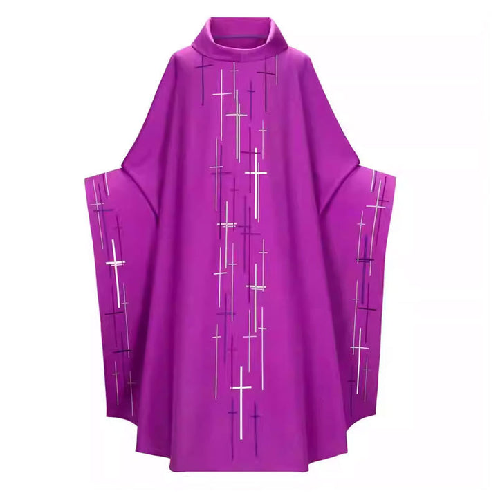 Purple Catholic chasuble vestment with scattered white cross print, stand collar and bat-wing sleeves, white background