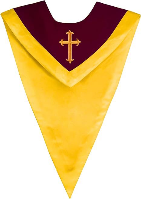 Gold and dark maroon two-tone V-shaped choir stole with cross embroidery on maroon yoke, product flat lay, white background
