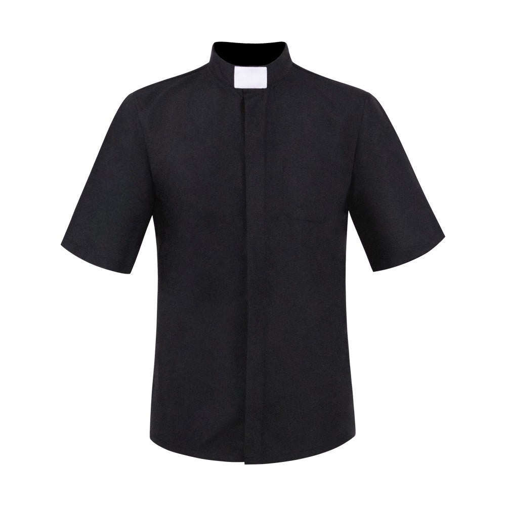 Black Clergy Shirt Short Sleeve with White Tab Collar on White Background