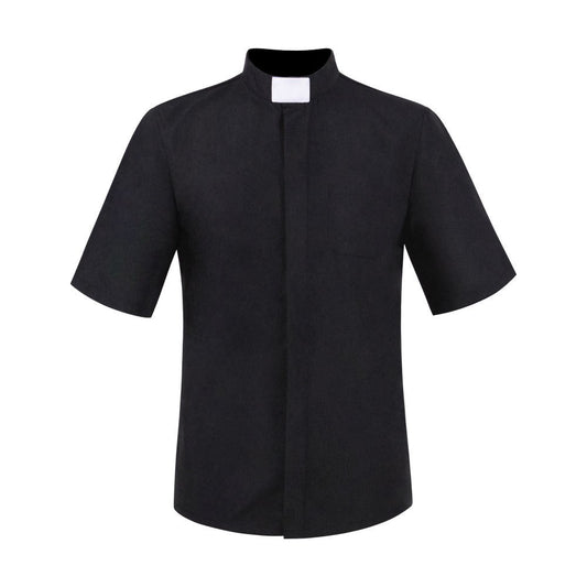 Black Clergy Shirt Short Sleeve with White Tab Collar on White Background