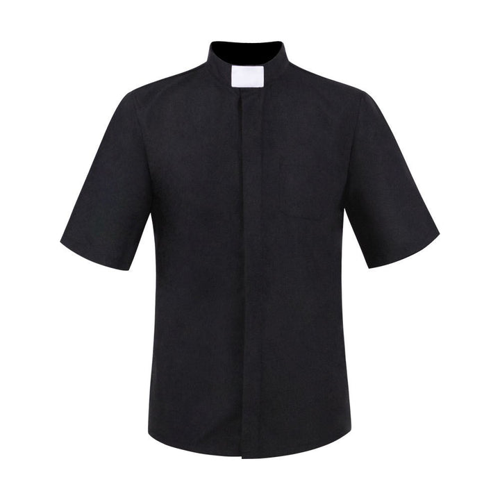 Black Clergy Shirt Short Sleeve with White Tab Collar on White Background