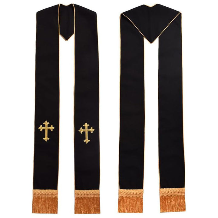 Black clergy stole with blue Patriarchal cross embroidery and gold fringe, front and back view, white background