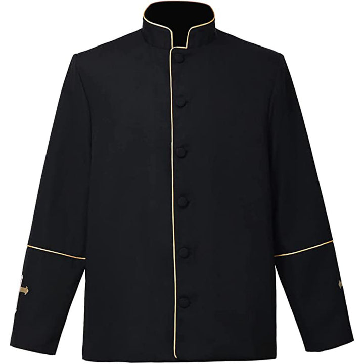 White clergy mandarin collar jacket with black trim and cross embroidery on cuffs