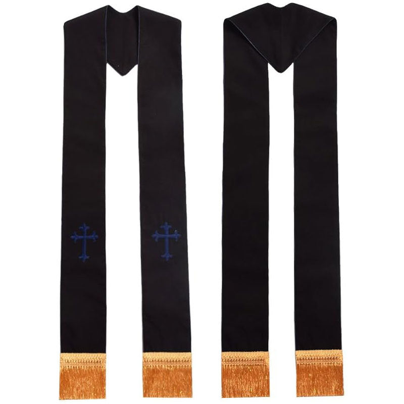 Black clergy stole with white floret cross embroidery and white edge piping and gold fringe, front and back view, white background