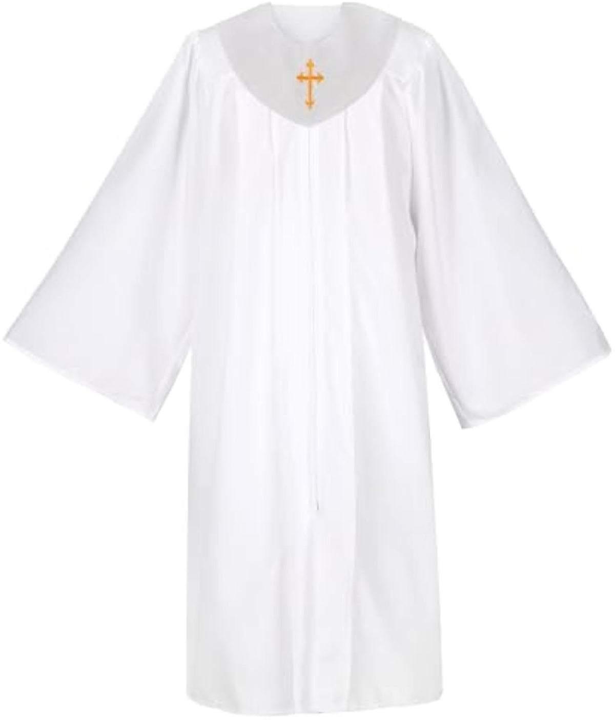 White Church Choir Robe with Red V-Neck Yoke and Gold Cross Embroidery