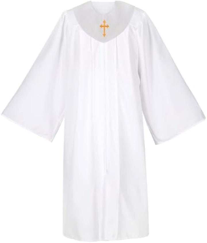 White Church Choir Robe with Red V-Neck Yoke and Gold Cross Embroidery