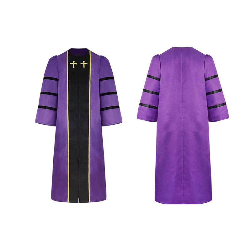 Purple clergy robe with gold trim black center panel and gold cross embroidery, front and back view, white background