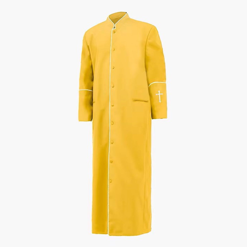 Royal blue clergy cassock robe with white trim and cross embroidery on cuffs