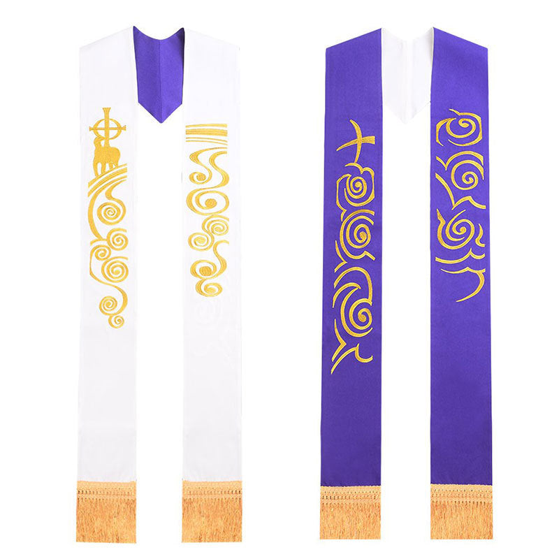Reversible clergy stole white side with Agnus Dei and gold flame scroll embroidery, purple side with gold cross and flame embroidery, gold fringe, white background