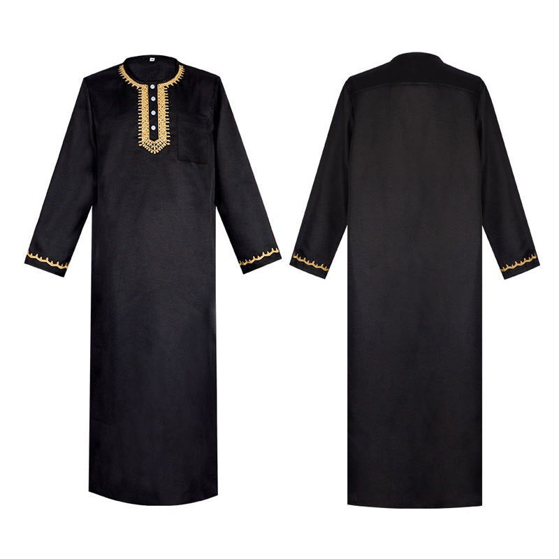 Men's black Islamic thobe jubba flat lay showing front and back, gold U-shape embroidery at crew neck with buttons, gold embroidery trim at cuffs, white background