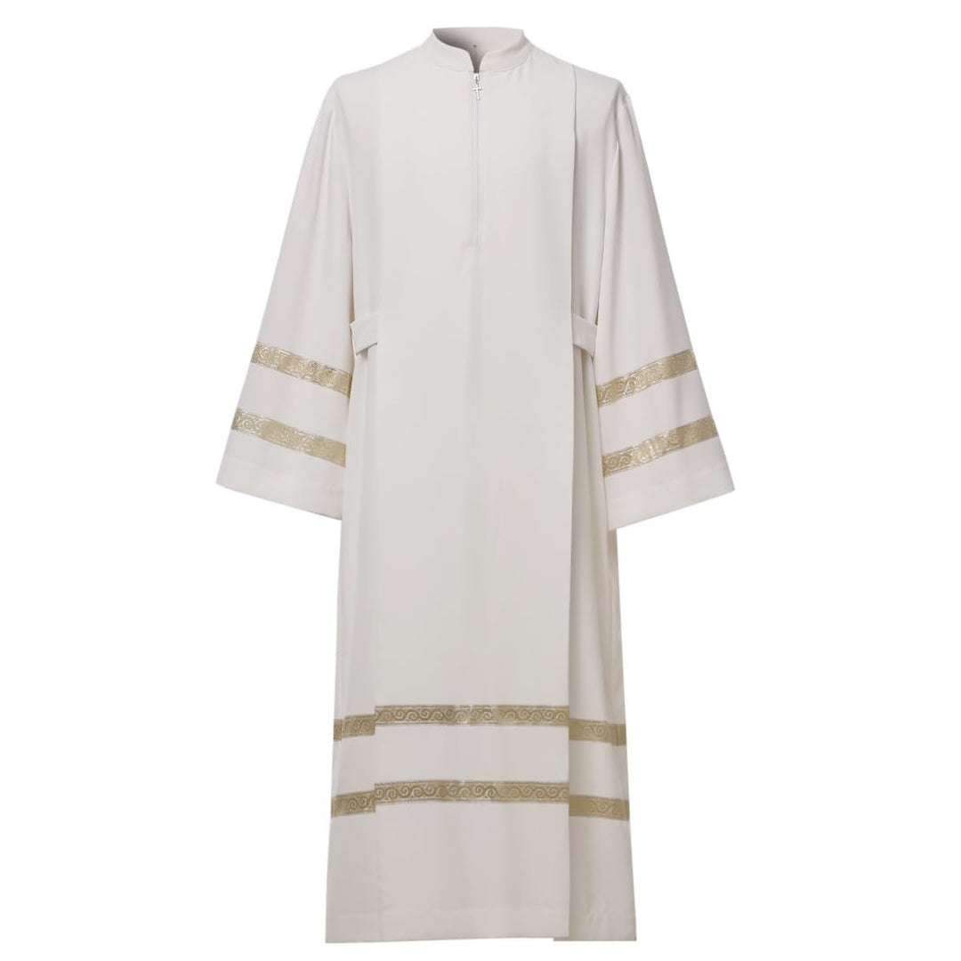 Ivory white clergy alb robe front view showing stand collar, front zipper, A-line silhouette, wide bell sleeves with double gold brocade trim bands at cuffs and hem, white background