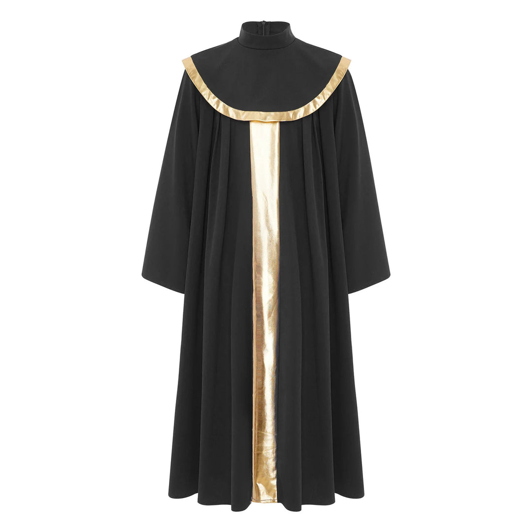 Burgundy children's choir robe with gold center stripe and gold cape collar trim, front view, white background