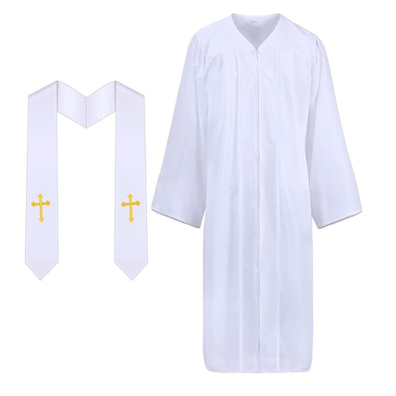 White clergy robe with white satin gold cross stole set, V-neckline front zipper wide sleeves, white background