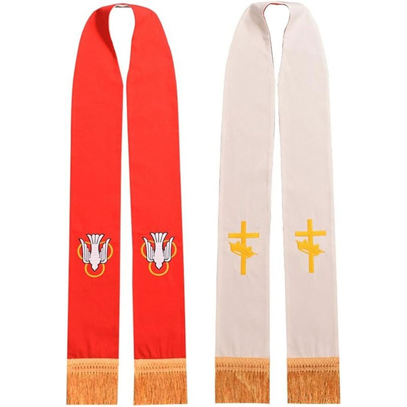 Black Clergy Stole with Red Cross Embroidery and Gold Fringe
