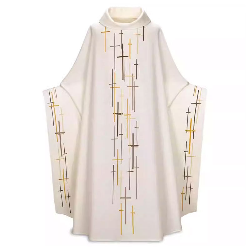 White Catholic chasuble vestment with scattered multi-color gold black silver cross print, stand collar and bat-wing sleeves, white background