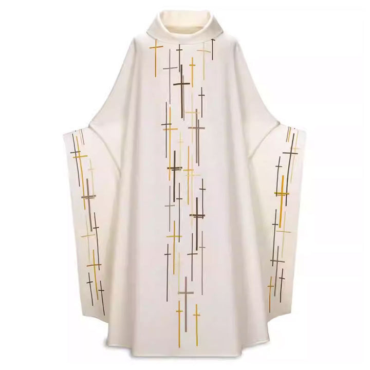 White Catholic chasuble vestment with scattered multi-color gold black silver cross print, stand collar and bat-wing sleeves, white background