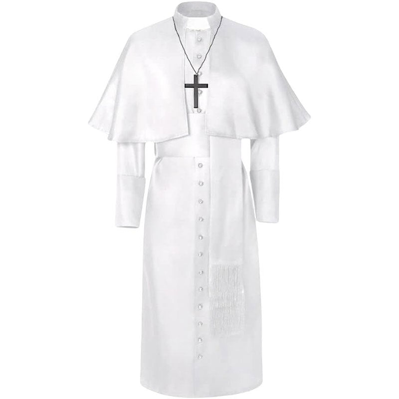 White clergy cape cassock robe set with shoulder cape, waist belt and black cross necklace, front view, white background