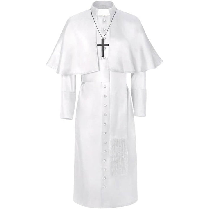 White clergy cape cassock robe set with shoulder cape, waist belt and black cross necklace, front view, white background