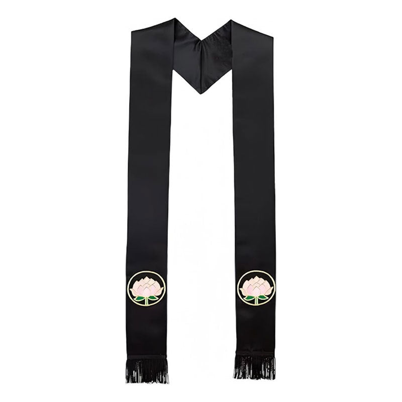 Black satin clergy stole with pink lotus flower gold ring embroidery on both panels and black fringe tassels at ends, V-shape drape