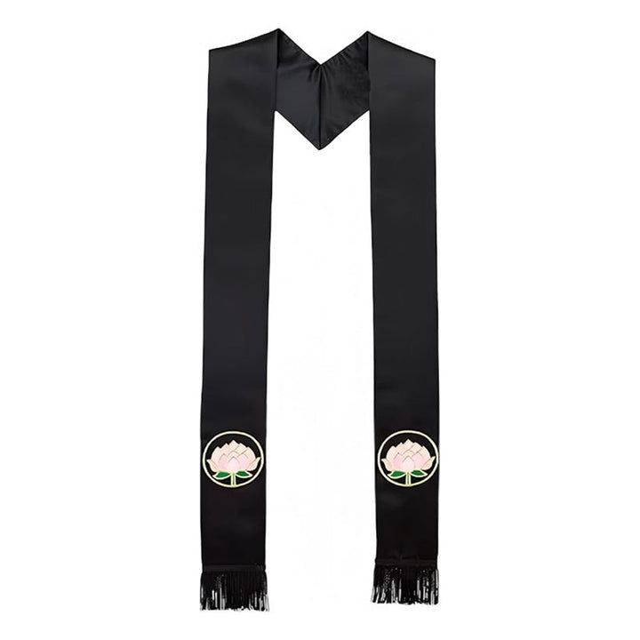 Black satin clergy stole with pink lotus flower gold ring embroidery on both panels and black fringe tassels at ends, V-shape drape