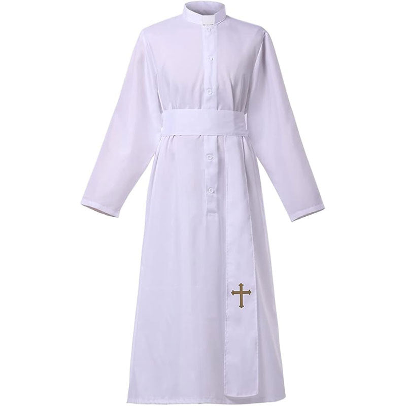 White Catholic cassock robe with clerical collar insert, front buttons, white waist sash, and gold cross embroidery at lower hem
