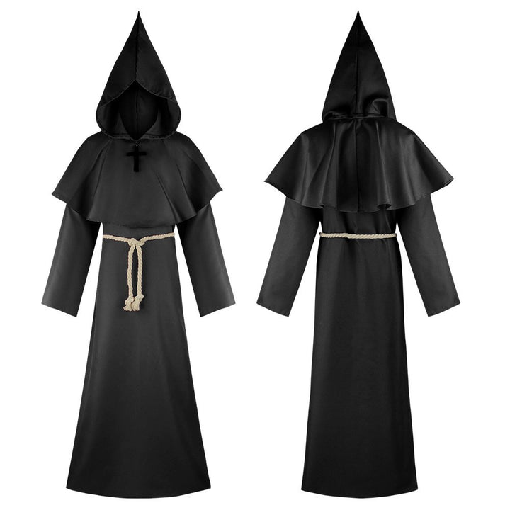 Black medieval monk hooded robe front and back view with pointed hood, shoulder cape, rope belt and cross necklace, white background