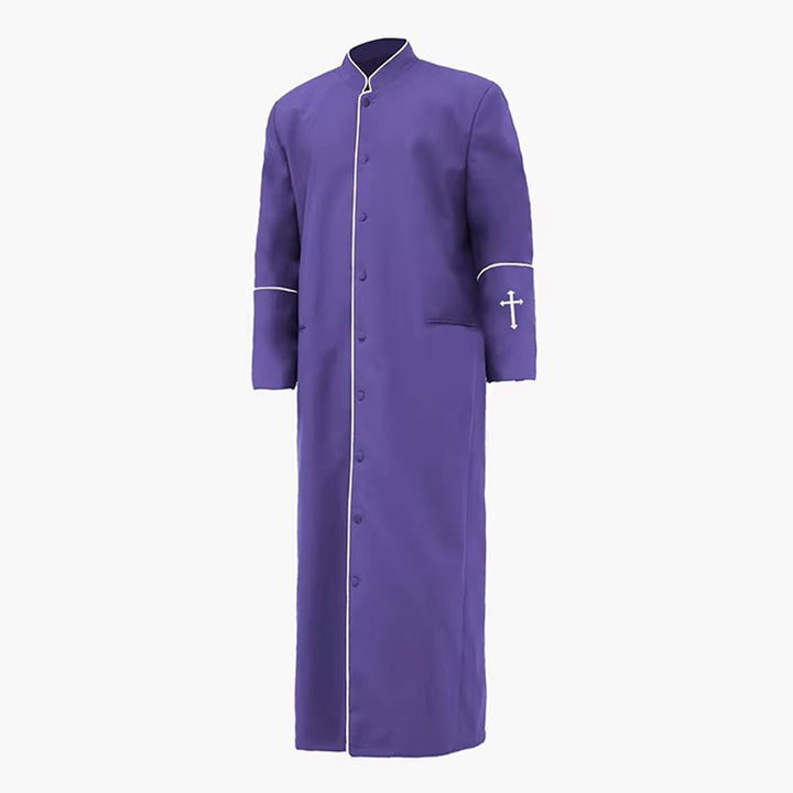 White clergy cassock robe with black trim and cross embroidery on cuffs