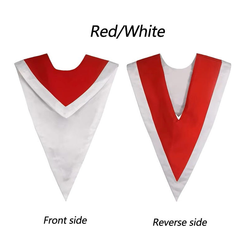 Red and white two-tone reversible graduation V-stole chevron showing both front and reverse sides, white background