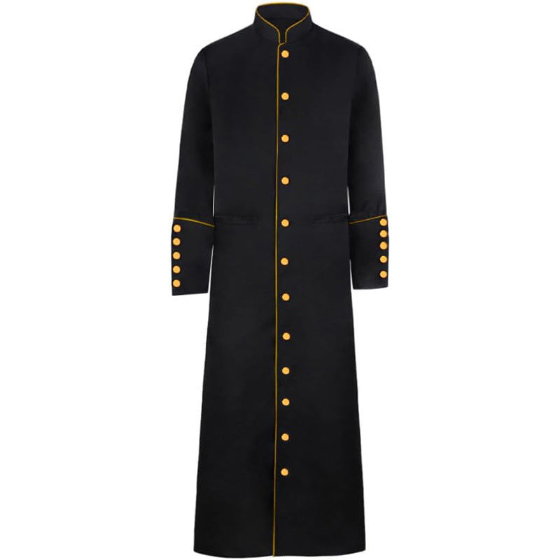 White clergy cassock robe with gold trim piping and gold cuff buttons, stand collar, 3/4 side view, white background