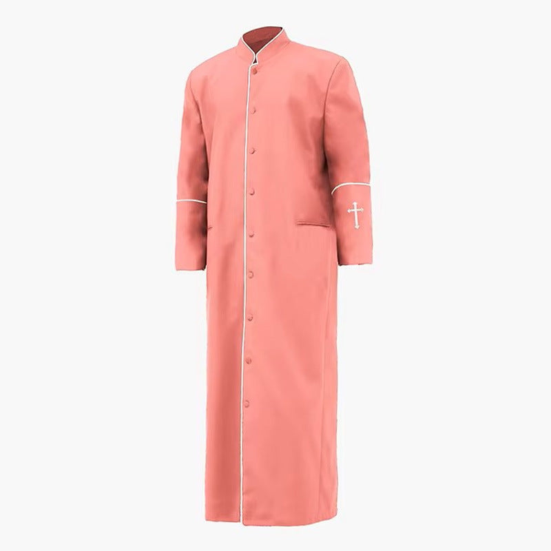 Red clergy cassock robe with gold trim and cross embroidery on cuffs