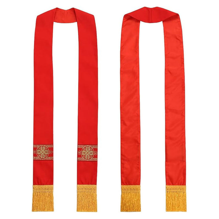 Red clergy stole showing front and back view with gold brocade cross rosette band and gold fringe hem, white background