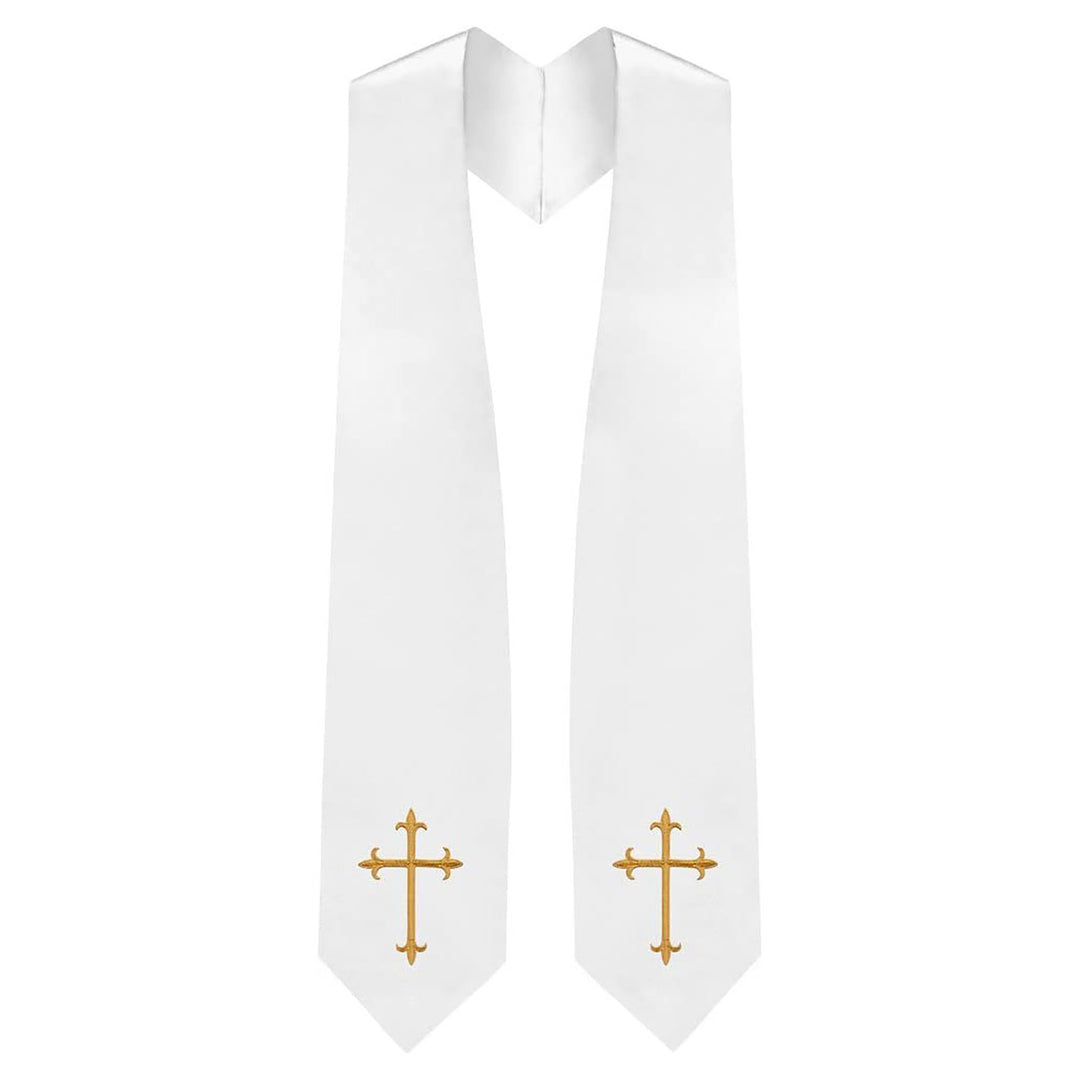 Forest green clergy graduation stole with gold cross embroidery on both panels