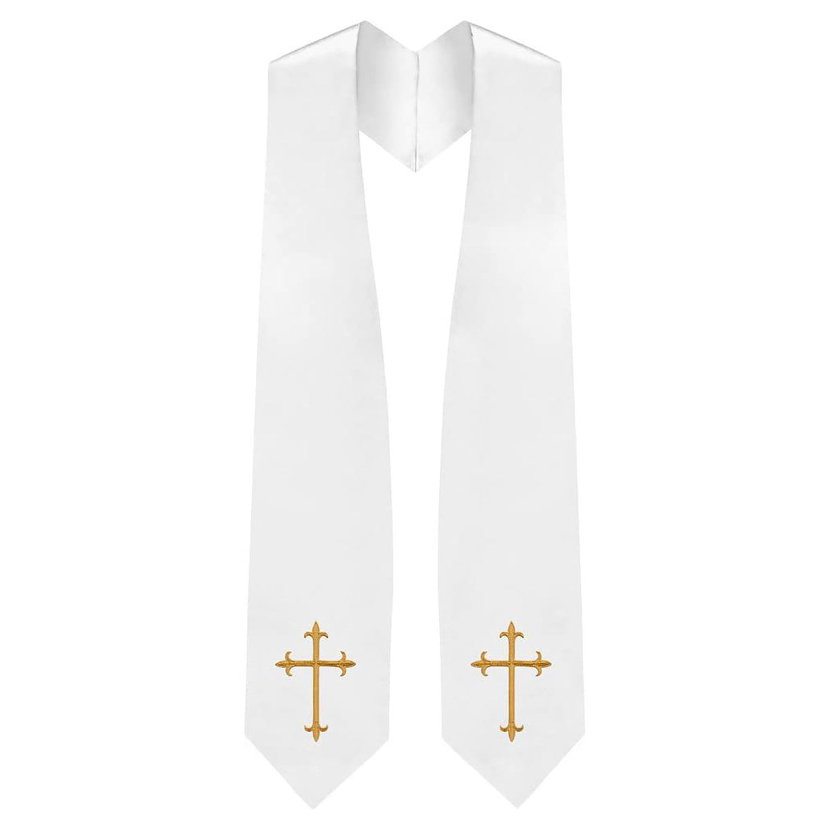 Forest green clergy graduation stole with gold cross embroidery on both panels