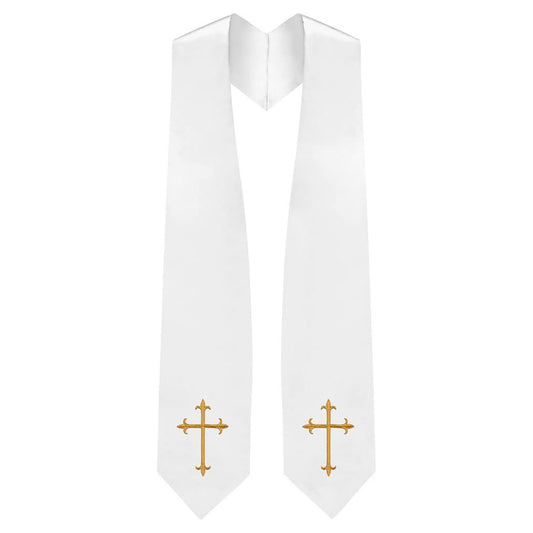 Forest green clergy graduation stole with gold cross embroidery on both panels