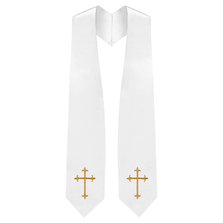 Forest green clergy graduation stole with gold cross embroidery on both panels