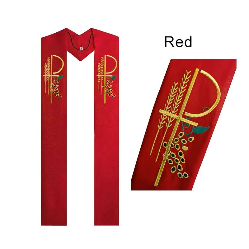 Red clergy stole with gold Chi-Rho wheat and grape embroidery, V-neck drape, full length product and detail view, white background