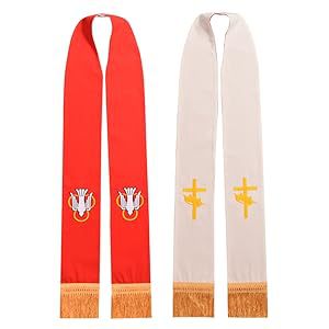 Red and white reversible clergy stole with Holy Spirit dove and cross gold embroidery and gold fringe tassels, product view, white background