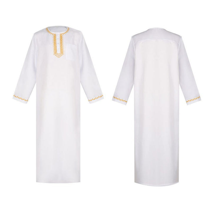 Men's white Islamic thobe jubba flat lay showing front and back, gold U-shape embroidery at crew neck with buttons, gold embroidery trim at cuffs, white background