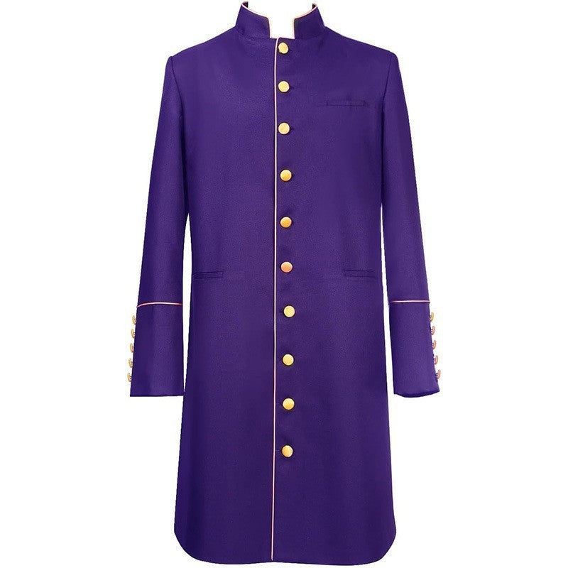 Purple clergy frock coat with stand collar clergy tab, gold piping trim and gold cuff buttons, product view, white background