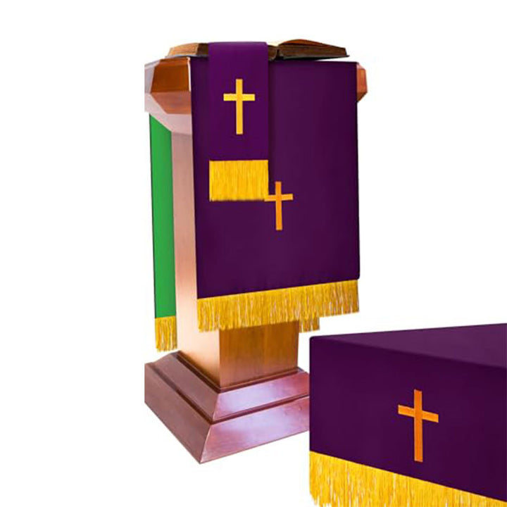 Purple Green Reversible Stole Draped on Church Pulpit with Gold Cross Embroidery