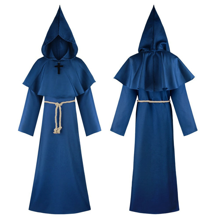 Navy blue medieval monk hooded robe front and back view with pointed hood, shoulder cape, rope belt and cross necklace, white background