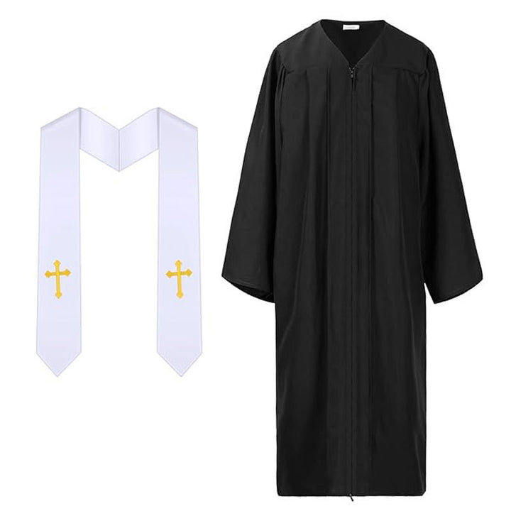 Black clergy robe with white satin gold cross stole set, V-neckline front zipper wide sleeves, white background