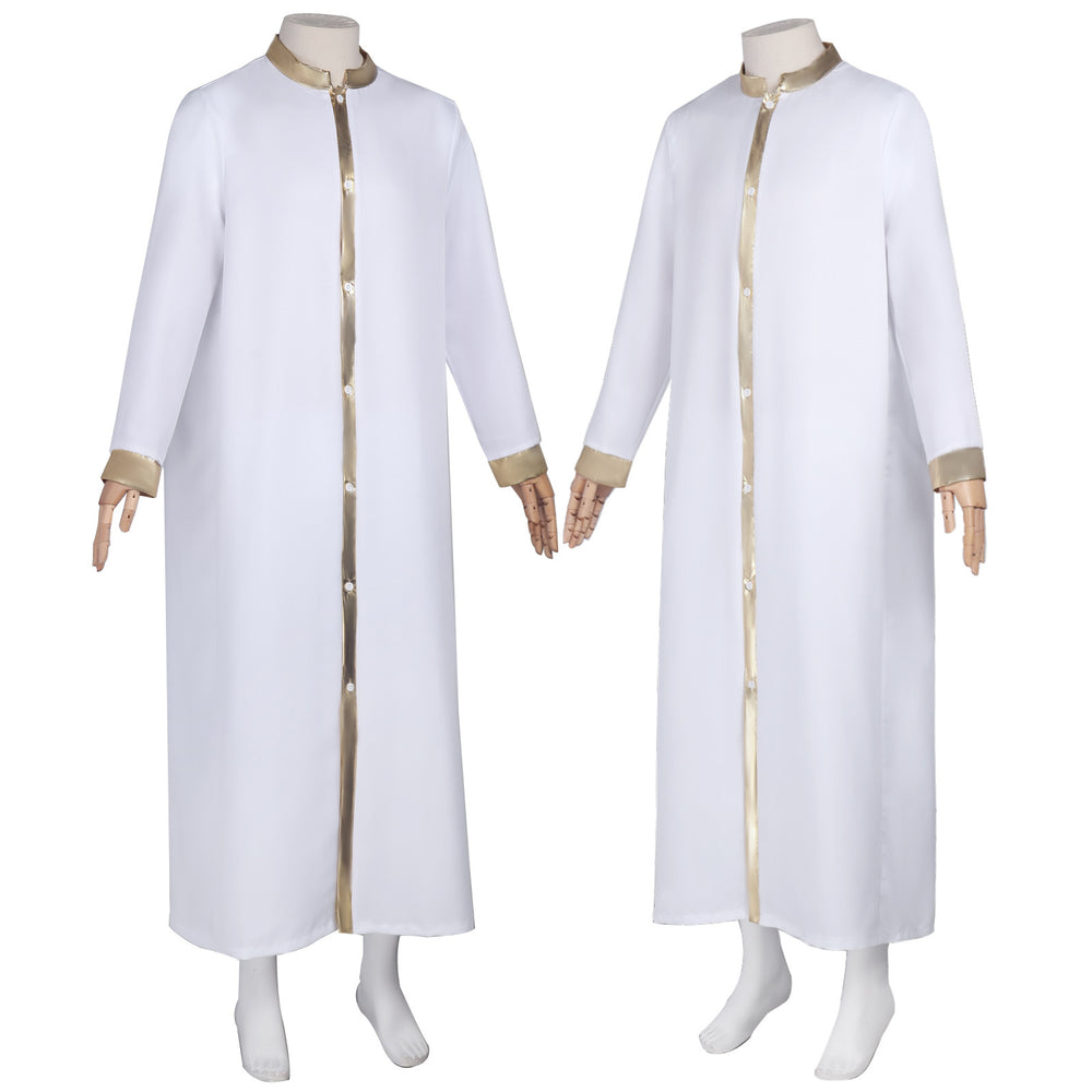 White clergy robe with gold satin trim on collar front placket and cuffs, front and back view on mannequin, white background