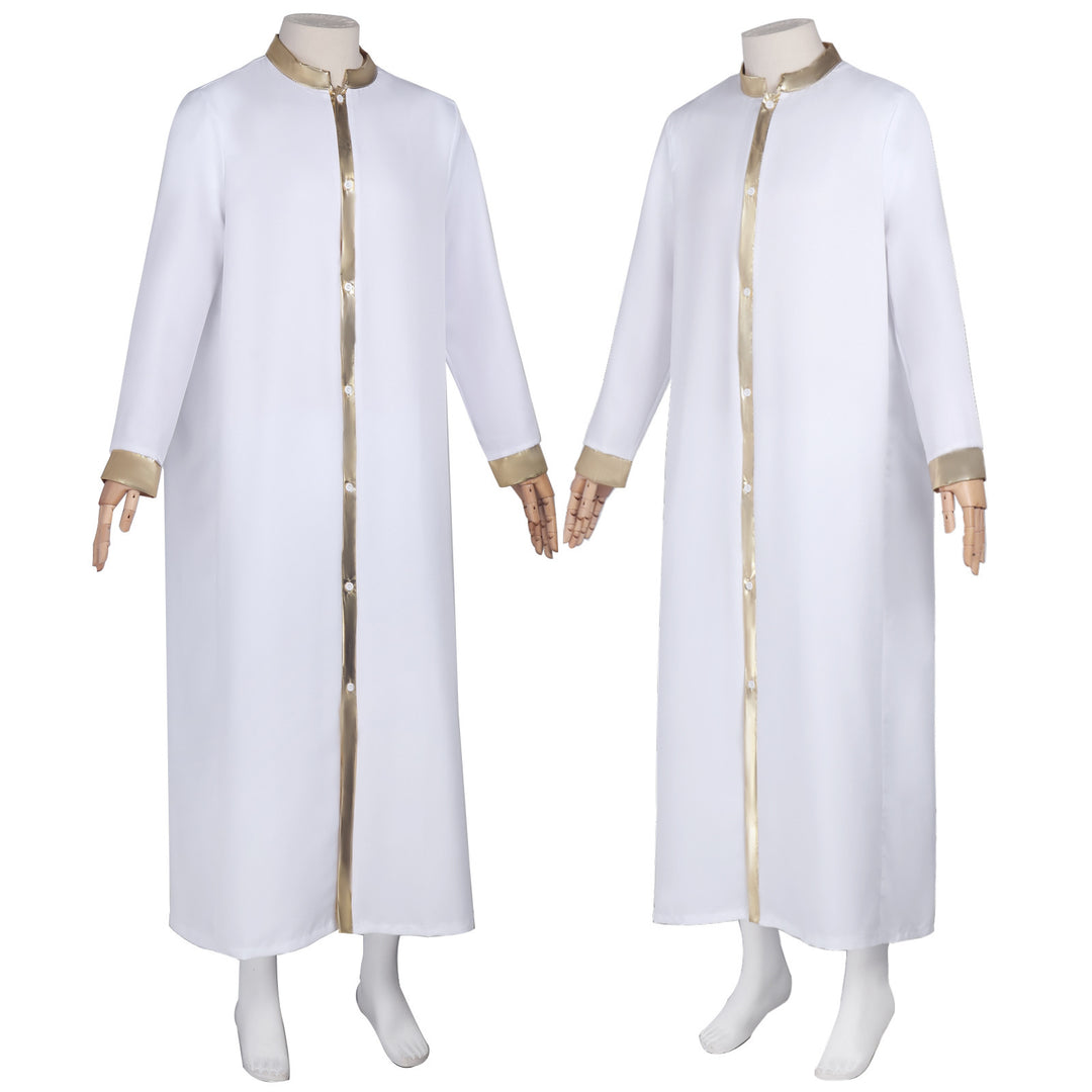 White clergy robe with gold satin trim on collar front placket and cuffs, front and back view on mannequin, white background