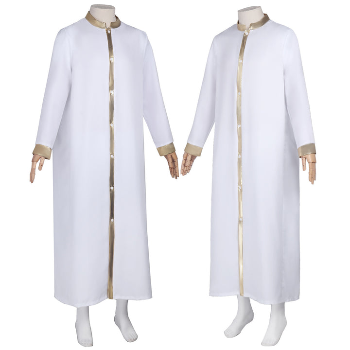 White clergy robe with gold satin trim on collar front placket and cuffs, front and back view on mannequin, white background